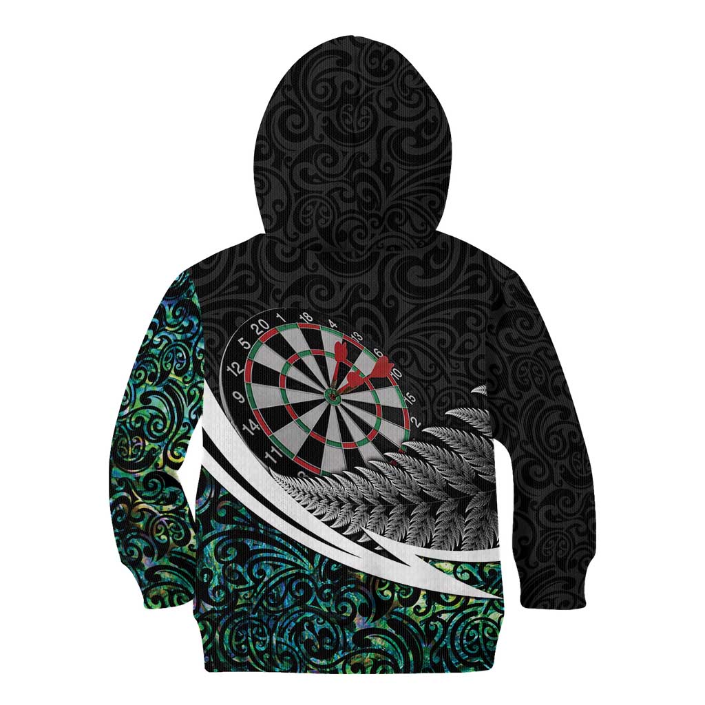 Personalized NZ Darts Kid Hoodie Paua Shell Maori Koru Whakairo - Polynesian Pride