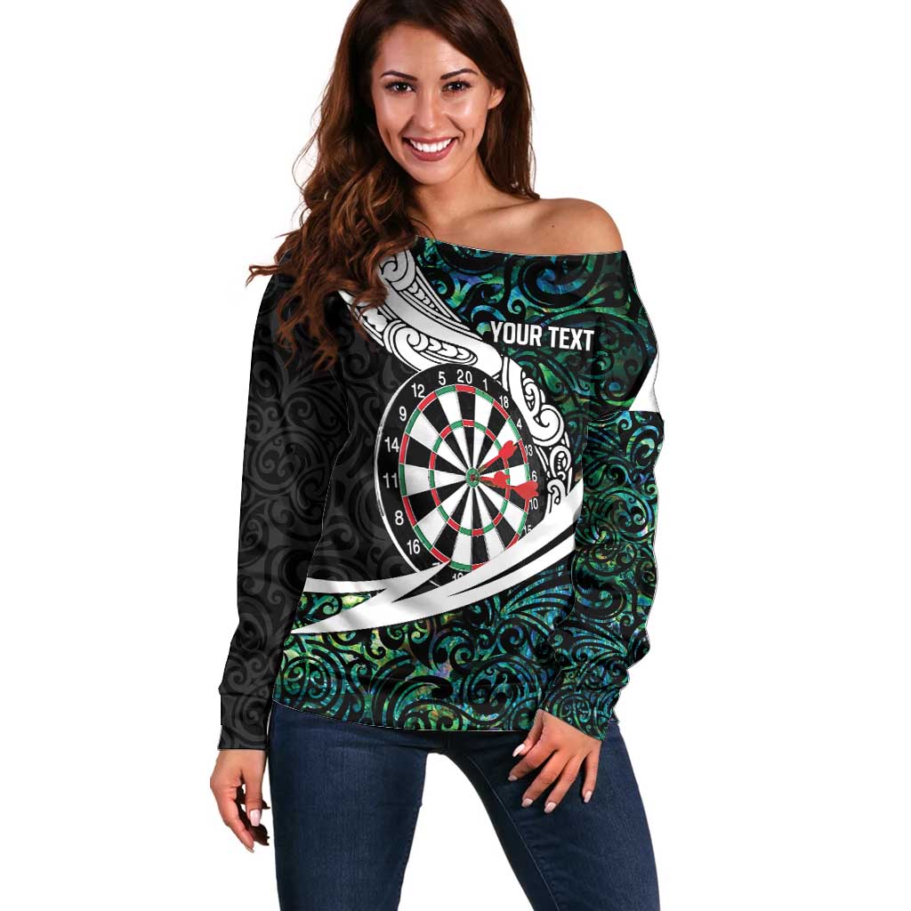 Personalized NZ Darts Off Shoulder Sweater Paua Shell Maori Koru Whakairo - Polynesian Pride