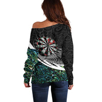 Personalized NZ Darts Off Shoulder Sweater Paua Shell Maori Koru Whakairo - Polynesian Pride