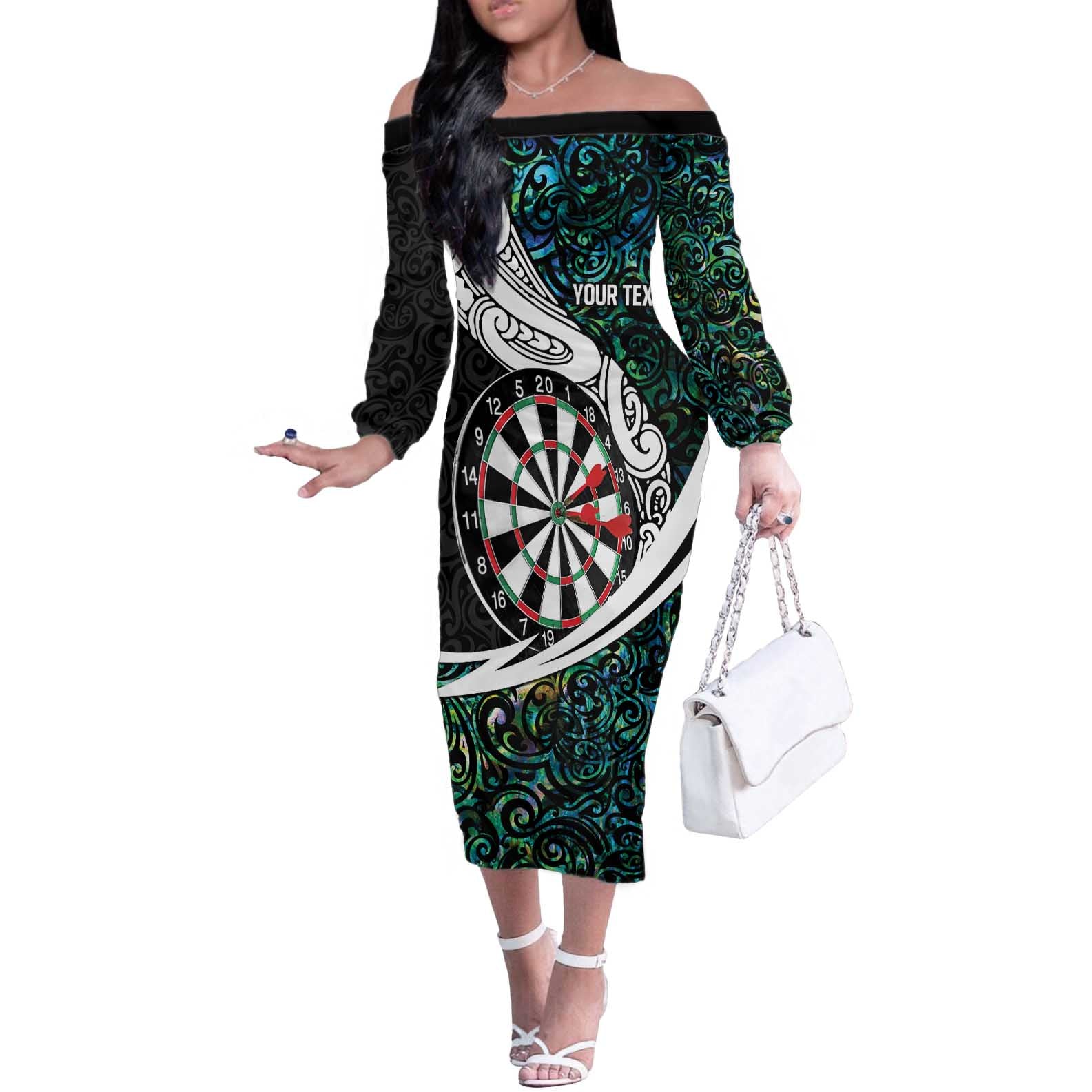 Personalized NZ Darts Off The Shoulder Long Sleeve Dress Paua Shell Maori Koru Whakairo - Polynesian Pride