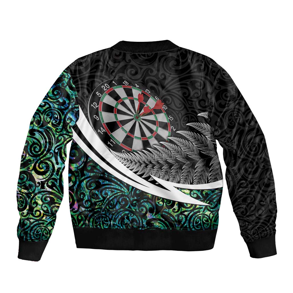 Personalized NZ Darts Sleeve Zip Bomber Jacket Paua Shell Maori Koru Whakairo - Polynesian Pride