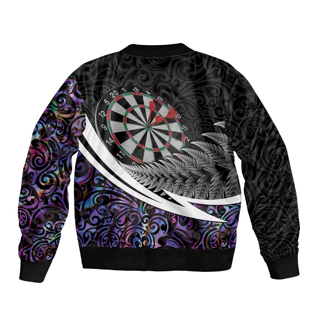 Personalized NZ Darts Bomber Jacket Paua Shell Maori Koru Whakairo - Purple - Polynesian Pride