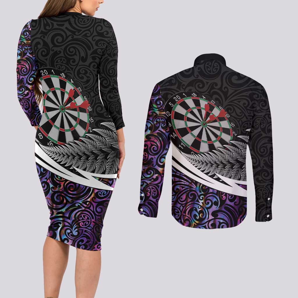 Personalized NZ Darts Couples Matching Long Sleeve Bodycon Dress and Long Sleeve Button Shirt Paua Shell Maori Koru Whakairo - Purple LT7 - Polynesian Pride