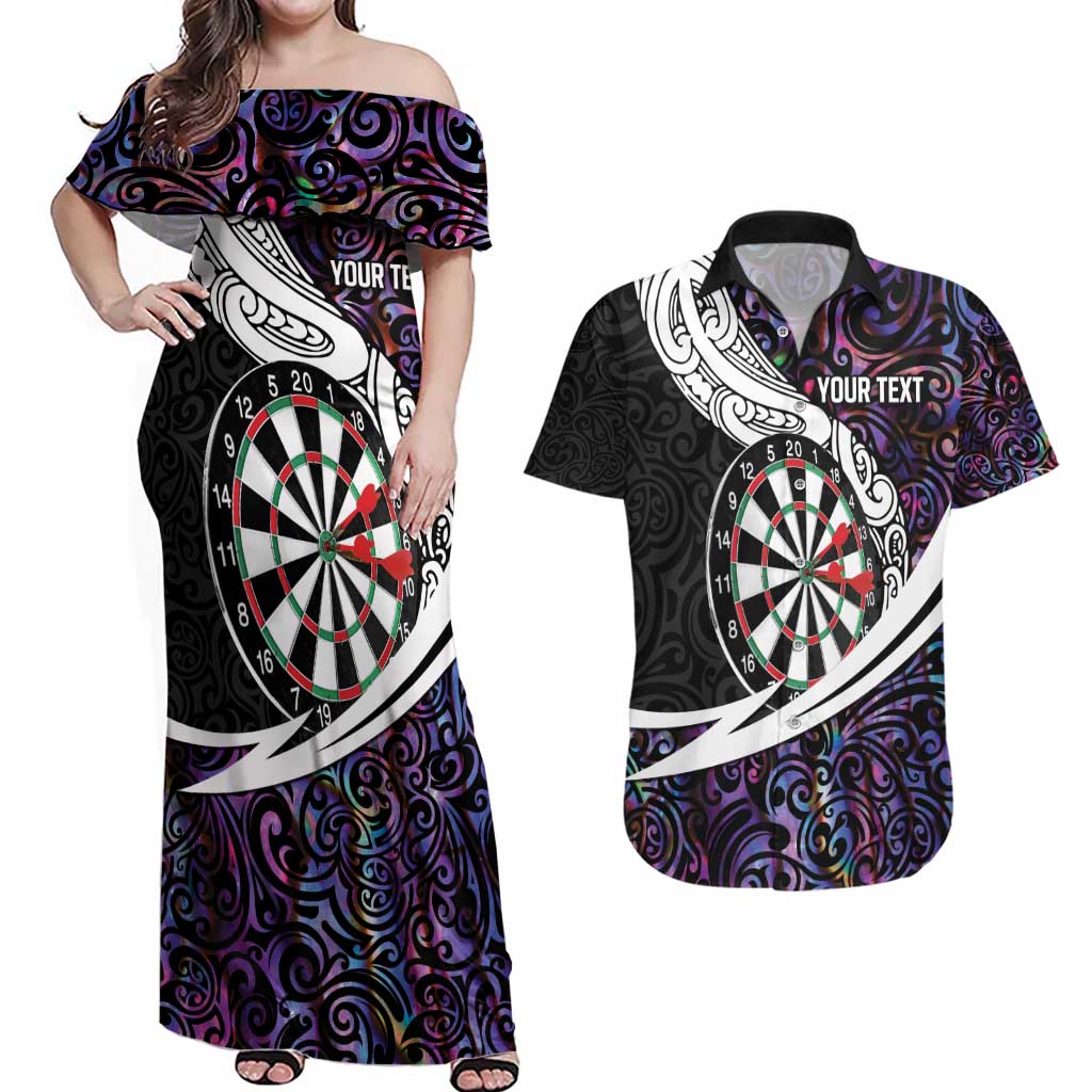 Personalized NZ Darts Couples Matching Off Shoulder Maxi Dress and Hawaiian Shirt Paua Shell Maori Koru Whakairo - Purple LT7 Purple - Polynesian Pride