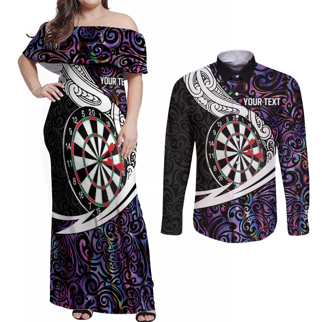 Personalized NZ Darts Couples Matching Off Shoulder Maxi Dress and Long Sleeve Button Shirt Paua Shell Maori Koru Whakairo - Purple LT7 Purple - Polynesian Pride