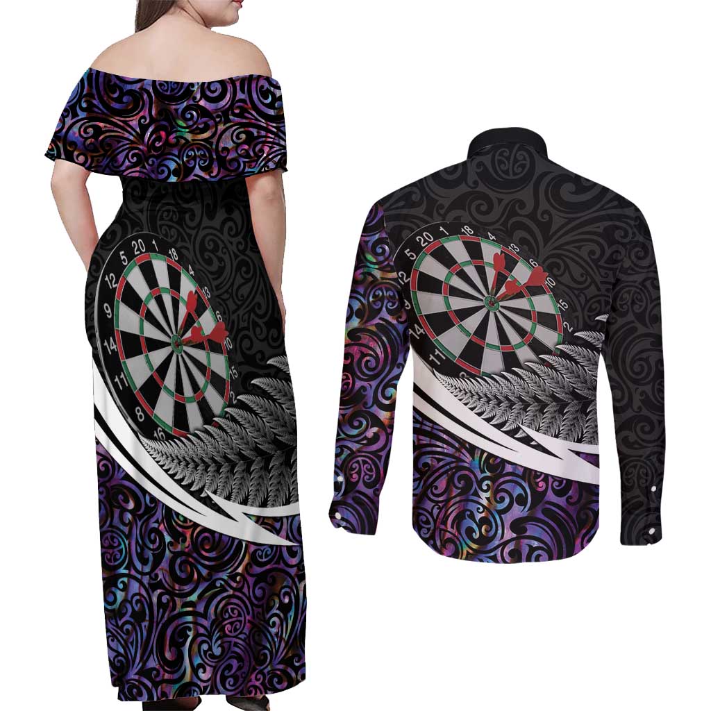 Personalized NZ Darts Couples Matching Off Shoulder Maxi Dress and Long Sleeve Button Shirt Paua Shell Maori Koru Whakairo - Purple LT7 - Polynesian Pride