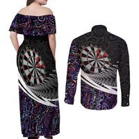 Personalized NZ Darts Couples Matching Off Shoulder Maxi Dress and Long Sleeve Button Shirt Paua Shell Maori Koru Whakairo - Purple LT7 - Polynesian Pride