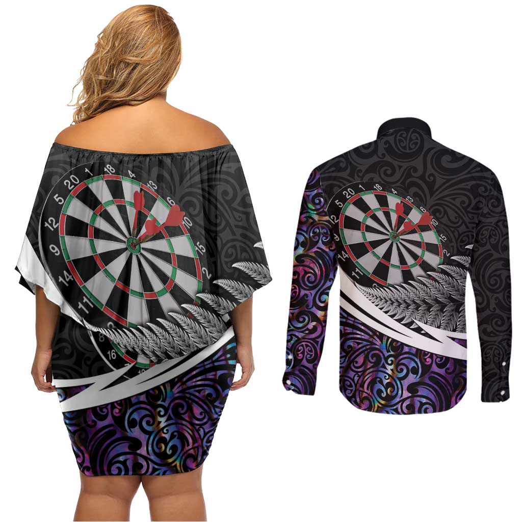 Personalized NZ Darts Couples Matching Off Shoulder Short Dress and Long Sleeve Button Shirt Paua Shell Maori Koru Whakairo - Purple LT7 - Polynesian Pride