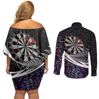 Personalized NZ Darts Couples Matching Off Shoulder Short Dress and Long Sleeve Button Shirt Paua Shell Maori Koru Whakairo - Purple LT7 - Polynesian Pride