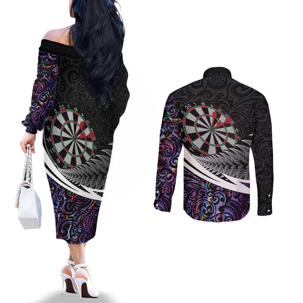 Personalized NZ Darts Couples Matching Off The Shoulder Long Sleeve Dress and Long Sleeve Button Shirt Paua Shell Maori Koru Whakairo - Purple LT7 - Polynesian Pride