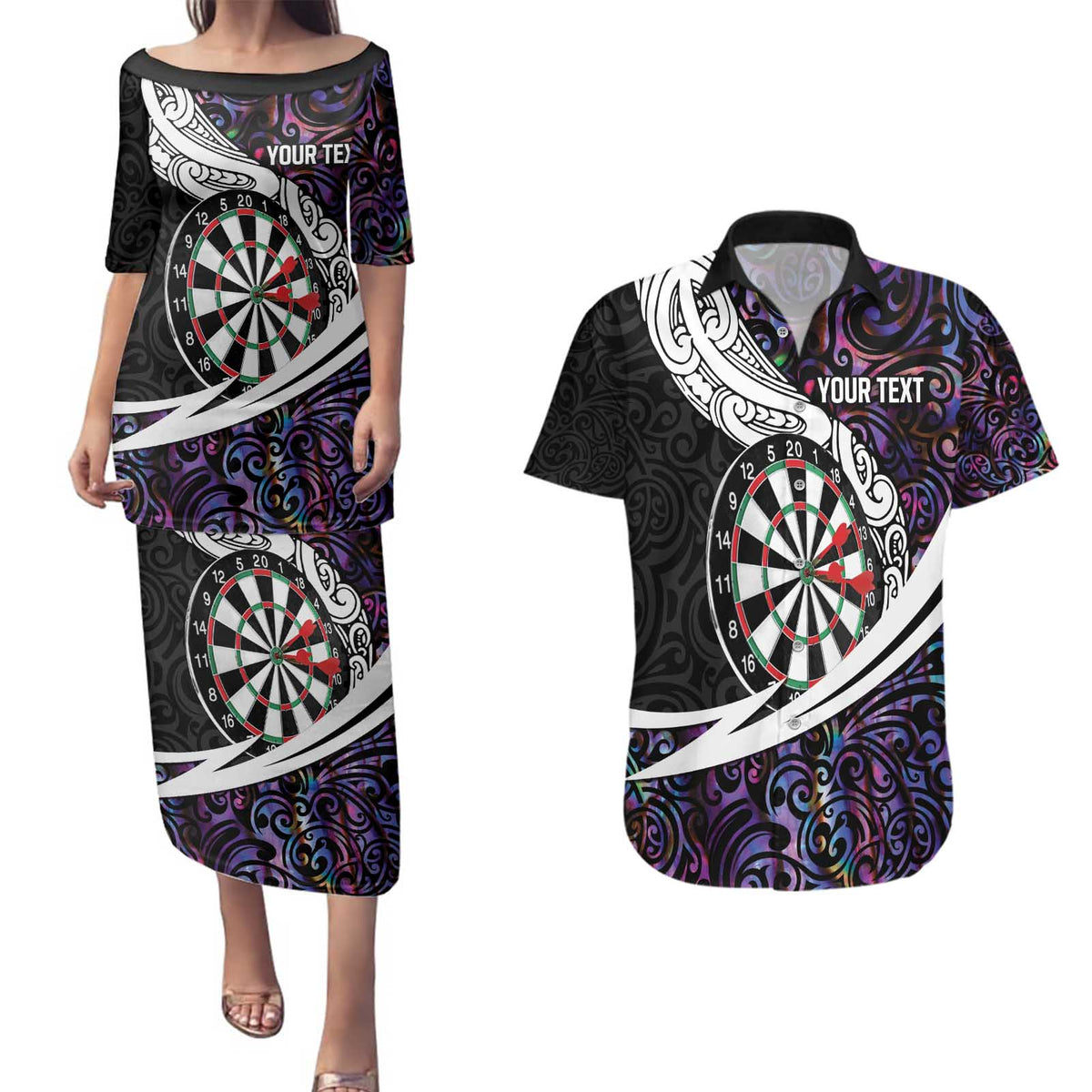 Personalized NZ Darts Couples Matching Puletasi and Hawaiian Shirt Paua Shell Maori Koru Whakairo - Purple LT7 Purple - Polynesian Pride