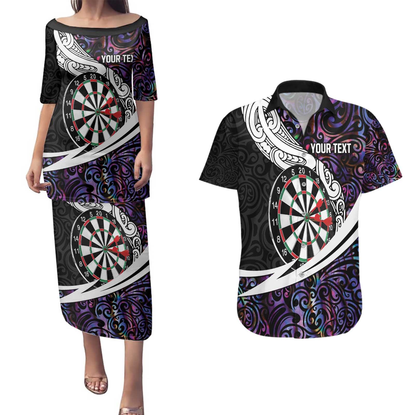 Personalized NZ Darts Couples Matching Puletasi and Hawaiian Shirt Paua Shell Maori Koru Whakairo - Purple LT7 Purple - Polynesian Pride