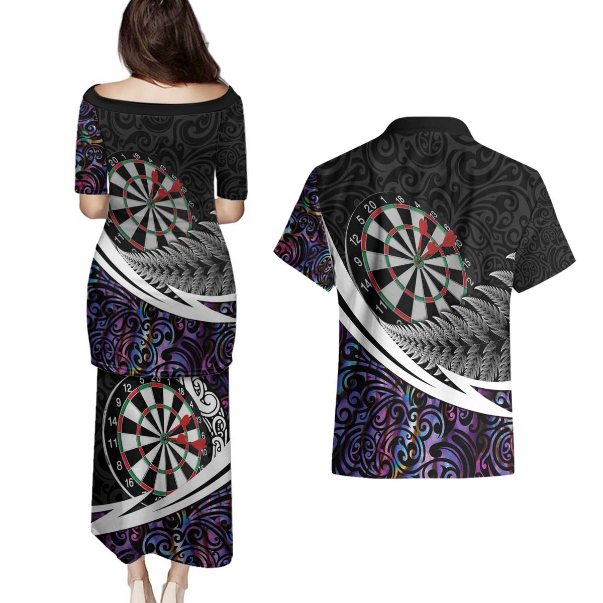 Personalized NZ Darts Couples Matching Puletasi and Hawaiian Shirt Paua Shell Maori Koru Whakairo - Purple LT7 - Polynesian Pride