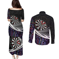 Personalized NZ Darts Couples Matching Puletasi and Long Sleeve Button Shirt Paua Shell Maori Koru Whakairo - Purple LT7 - Polynesian Pride