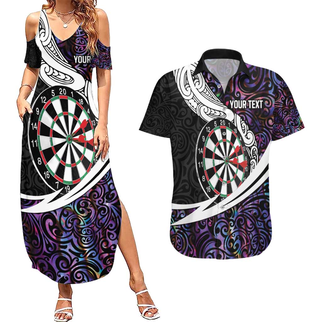 Personalized NZ Darts Couples Matching Summer Maxi Dress and Hawaiian Shirt Paua Shell Maori Koru Whakairo - Purple LT7 Purple - Polynesian Pride