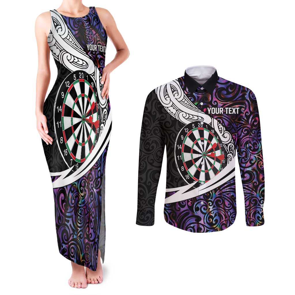 Personalized NZ Darts Couples Matching Tank Maxi Dress and Long Sleeve Button Shirt Paua Shell Maori Koru Whakairo - Purple LT7 Purple - Polynesian Pride