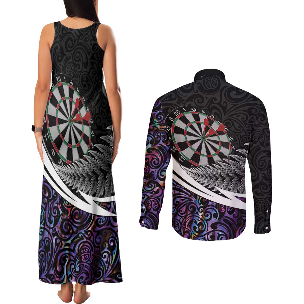 Personalized NZ Darts Couples Matching Tank Maxi Dress and Long Sleeve Button Shirt Paua Shell Maori Koru Whakairo - Purple LT7 - Polynesian Pride