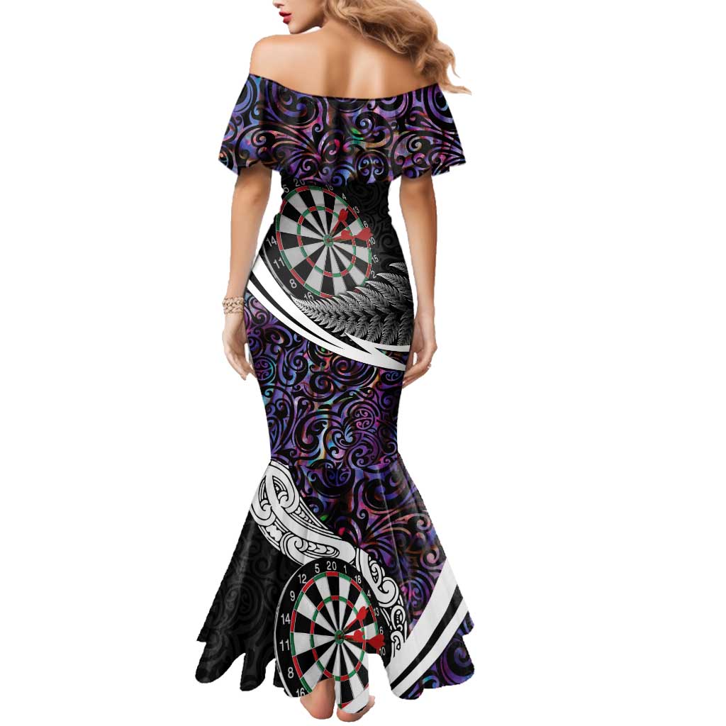 Personalized NZ Darts Family Matching Mermaid Dress and Hawaiian Shirt Paua Shell Maori Koru Whakairo - Purple - Polynesian Pride