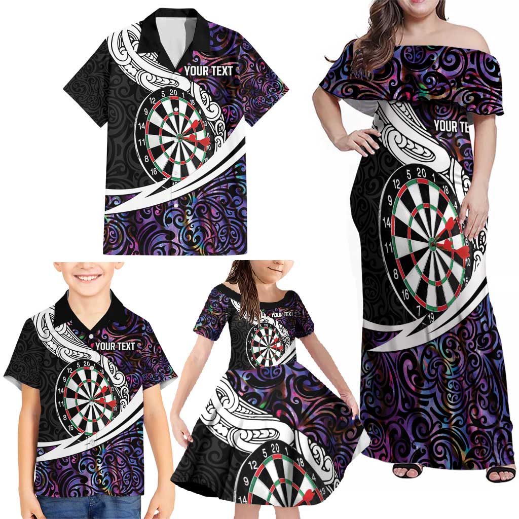 Personalized NZ Darts Family Matching Off Shoulder Maxi Dress and Hawaiian Shirt Paua Shell Maori Koru Whakairo - Purple LT7 - Polynesian Pride