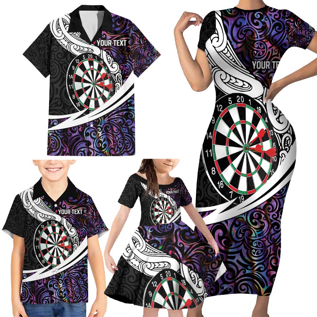 Personalized NZ Darts Family Matching Short Sleeve Bodycon Dress and Hawaiian Shirt Paua Shell Maori Koru Whakairo - Purple LT7 - Polynesian Pride