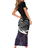 Personalized NZ Darts Family Matching Short Sleeve Bodycon Dress and Hawaiian Shirt Paua Shell Maori Koru Whakairo - Purple - Polynesian Pride