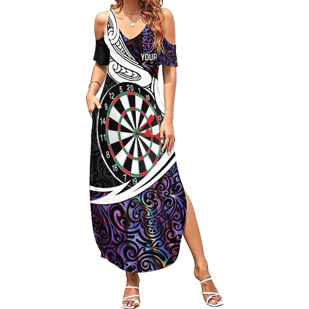 Personalized NZ Darts Family Matching Summer Maxi Dress and Hawaiian Shirt Paua Shell Maori Koru Whakairo - Purple - Polynesian Pride