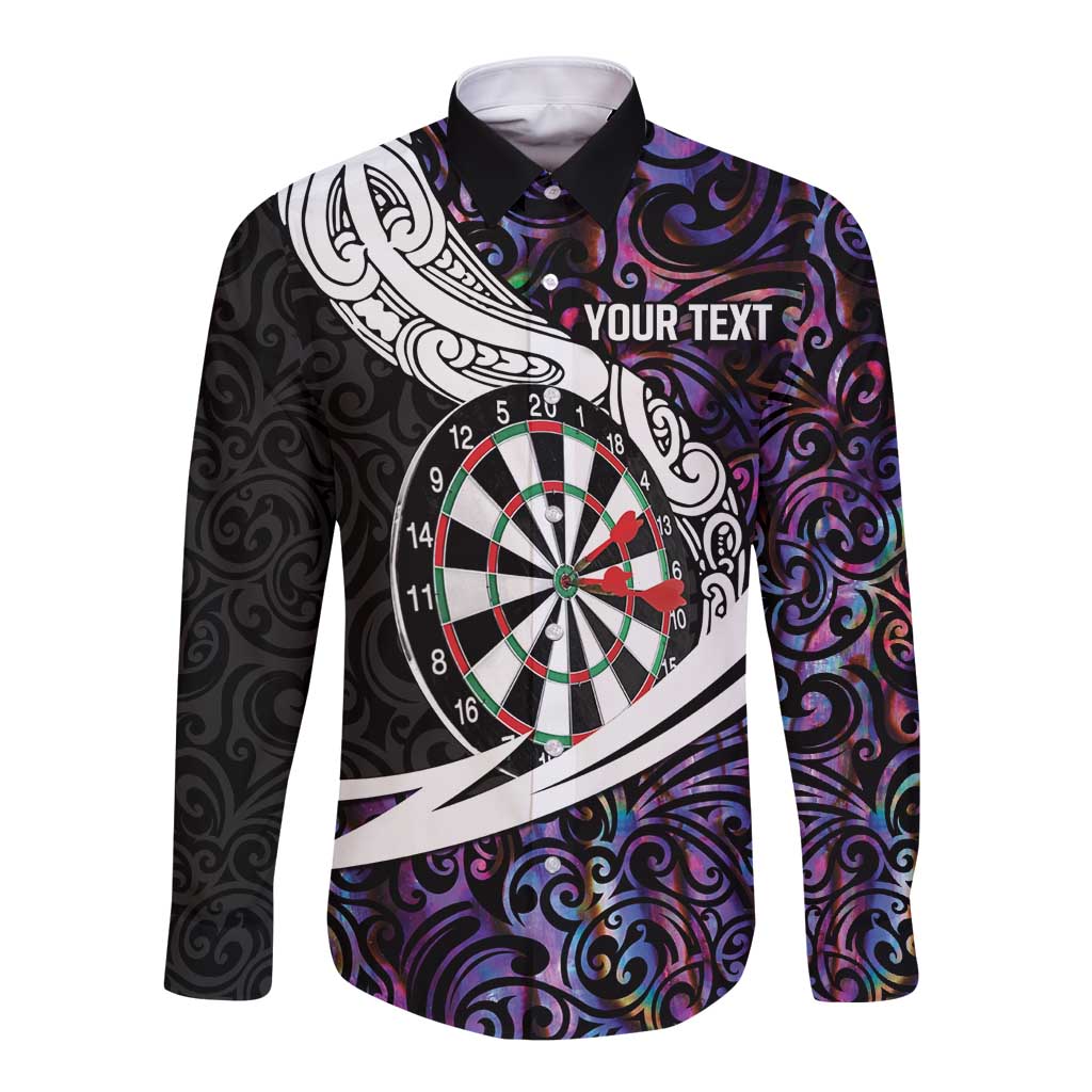 Personalized NZ Darts Long Sleeve Button Shirt Paua Shell Maori Koru Whakairo - Purple LT7 Unisex Purple - Polynesian Pride