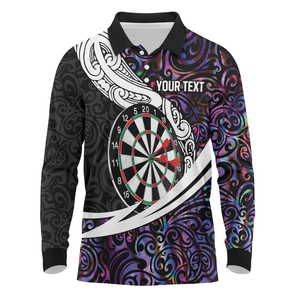 Personalized NZ Darts Long Sleeve Polo Shirt Paua Shell Maori Koru Whakairo - Purple - Polynesian Pride