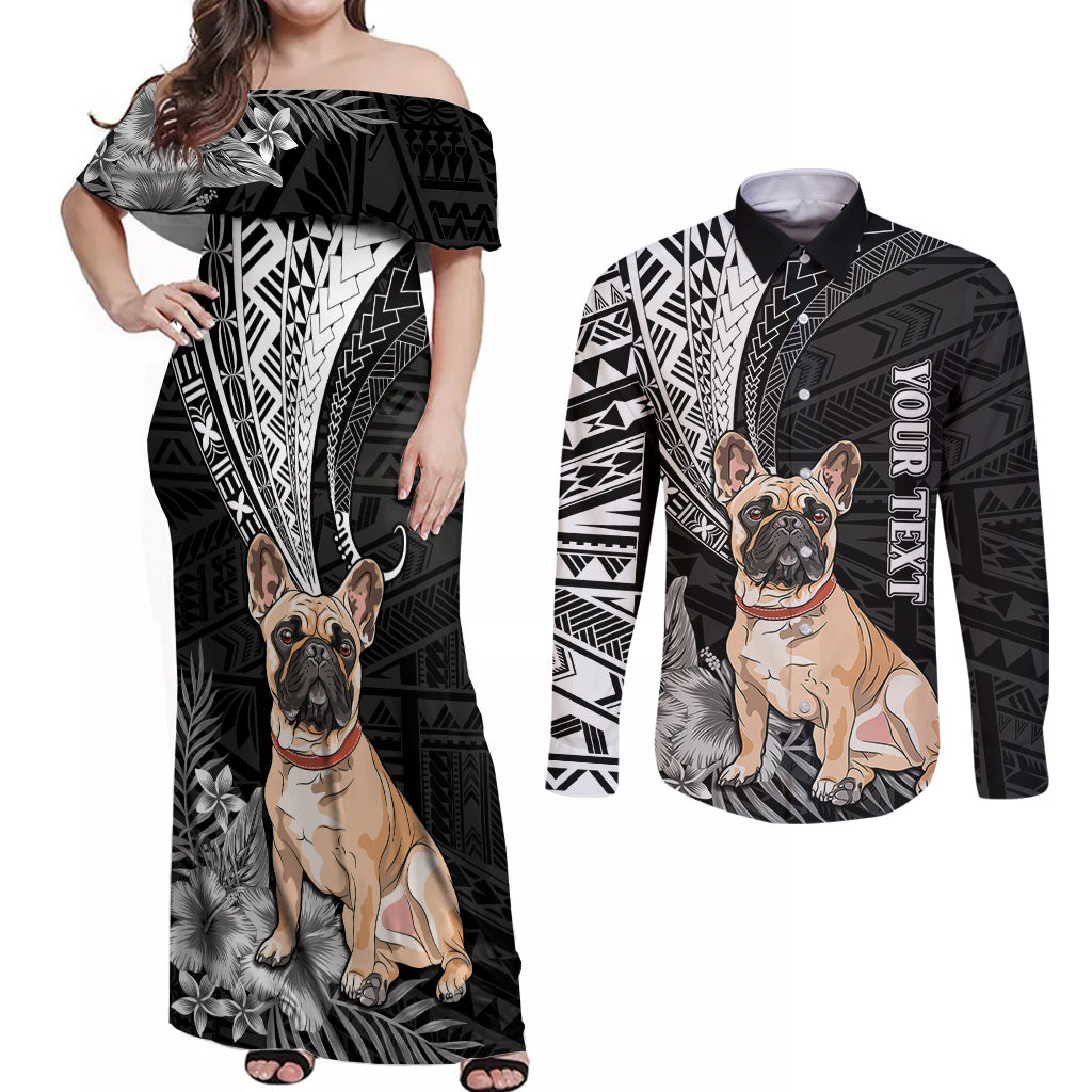 Personalised Polynesian Couples Matching Off Shoulder Maxi Dress and Long Sleeve Button Shirts Bulldog With Polynesian Patterns LT7 Black - Polynesian Pride