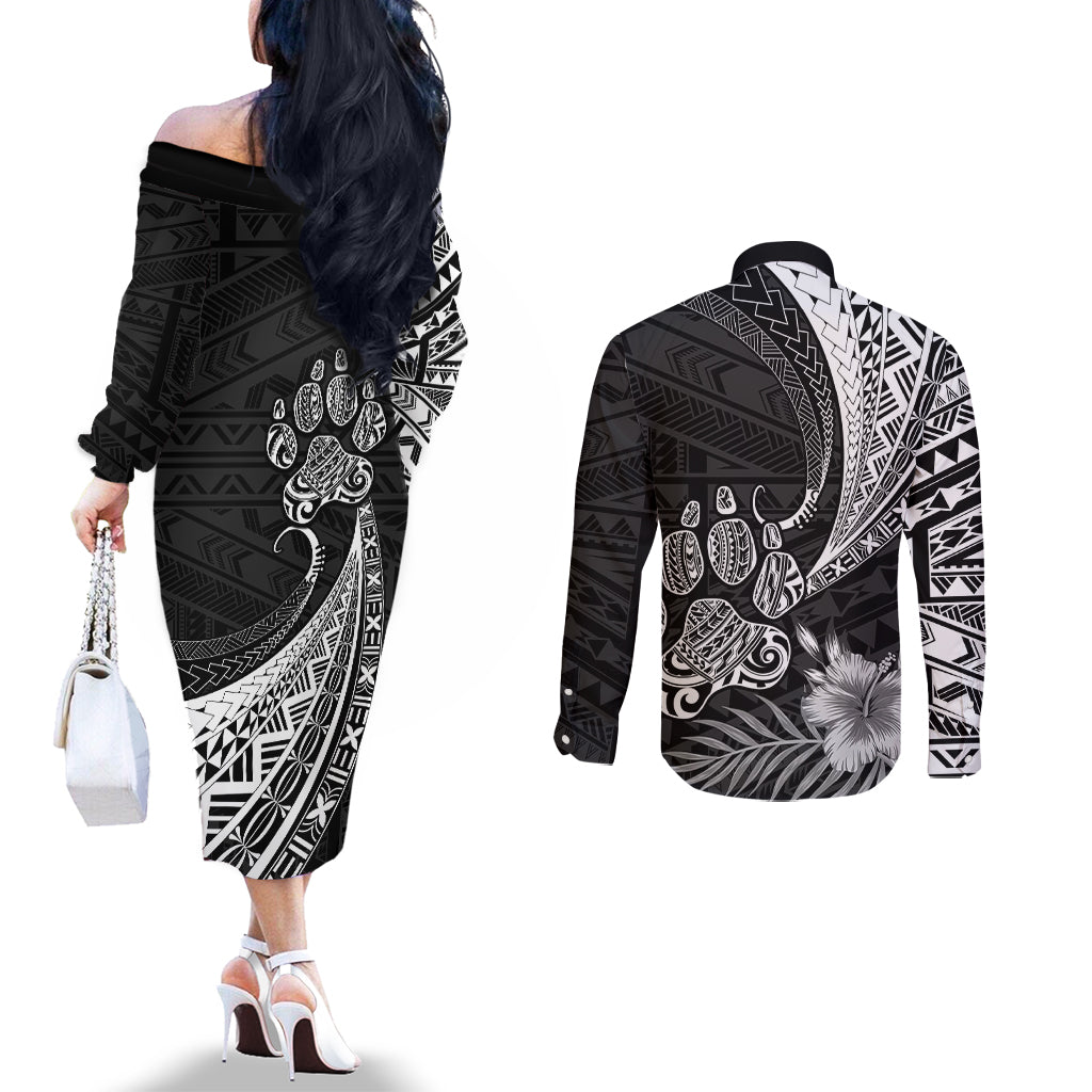 Personalised Polynesian Couples Matching Off The Shoulder Long Sleeve Dress and Long Sleeve Button Shirts Bulldog With Polynesian Patterns LT7 - Polynesian Pride