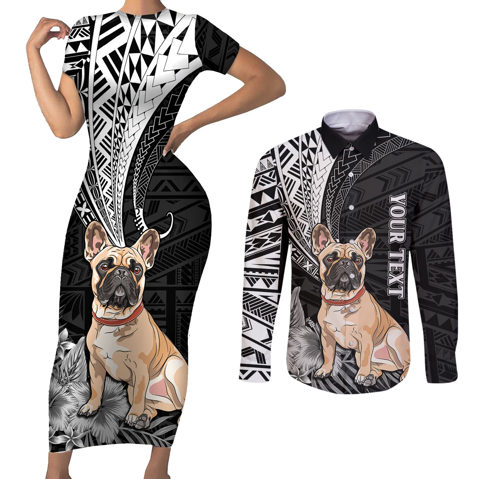 Personalised Polynesian Couples Matching Short Sleeve Bodycon Dress and Long Sleeve Button Shirts Bulldog With Polynesian Patterns LT7 Black - Polynesian Pride