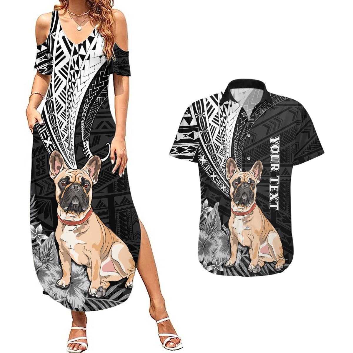 Personalised Polynesian Couples Matching Summer Maxi Dress and Hawaiian Shirt Bulldog With Polynesian Patterns LT7 Black - Polynesian Pride