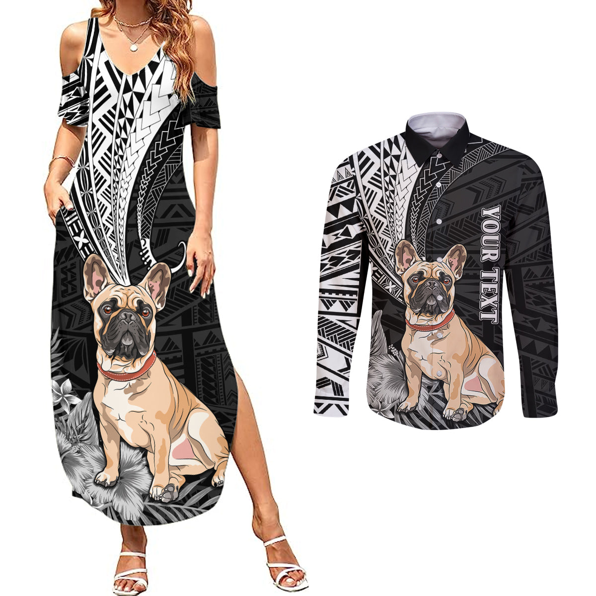 Personalised Polynesian Couples Matching Summer Maxi Dress and Long Sleeve Button Shirts Bulldog With Polynesian Patterns LT7 Black - Polynesian Pride