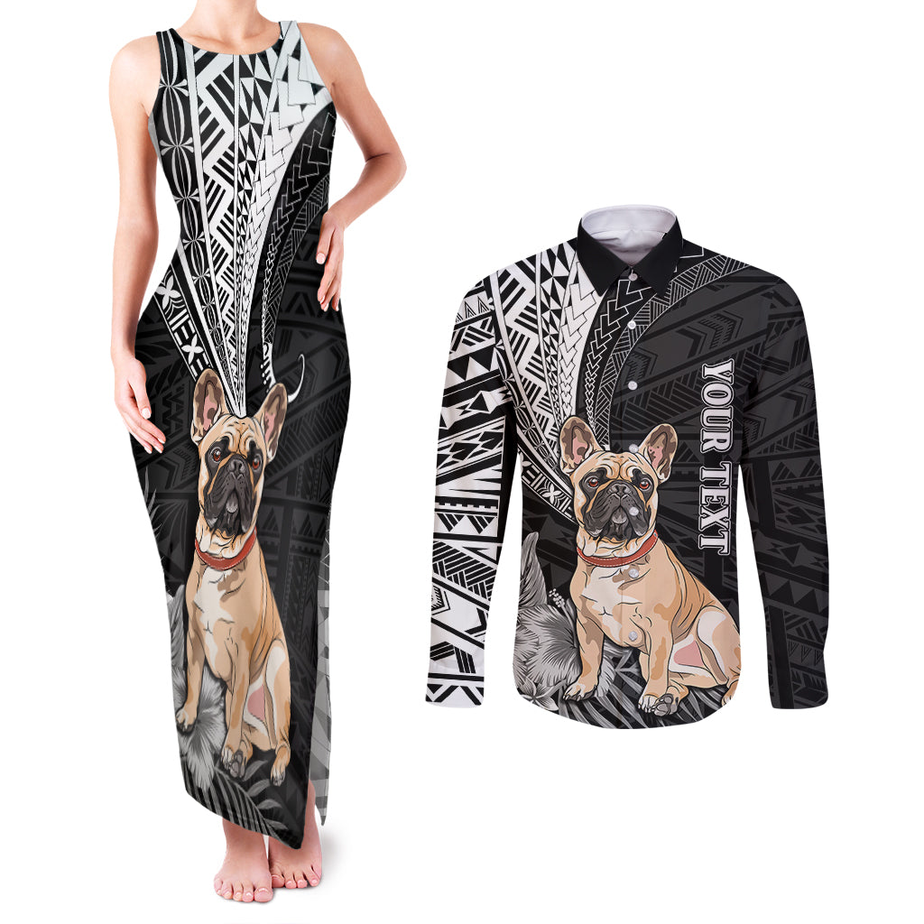 Personalised Polynesian Couples Matching Tank Maxi Dress and Long Sleeve Button Shirts Bulldog With Polynesian Patterns LT7 Black - Polynesian Pride