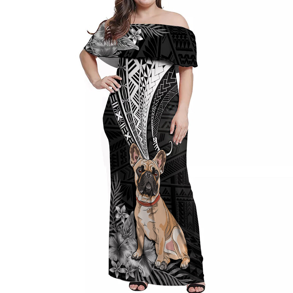 Personalised Polynesian Off Shoulder Maxi Dress Bulldog With Polynesian Patterns LT7 Women Black - Polynesian Pride