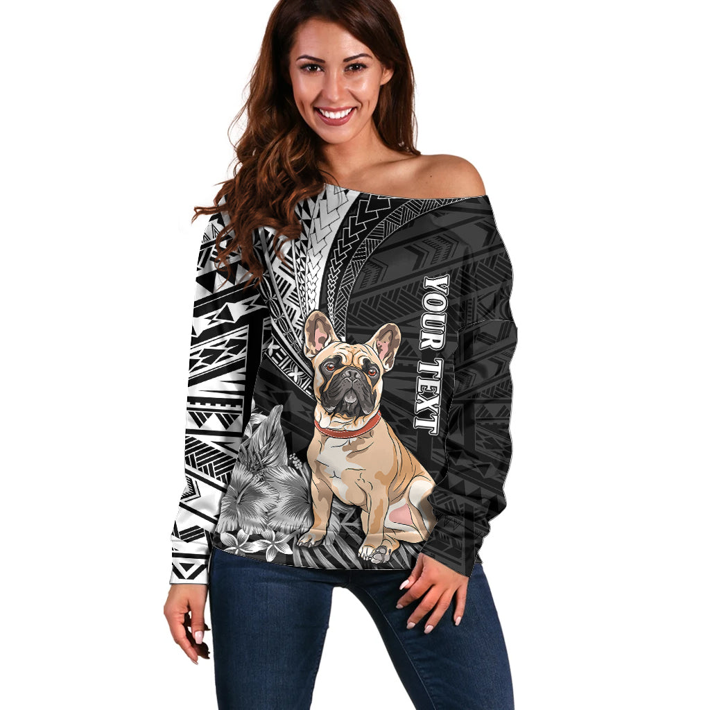 Personalised Polynesian Off Shoulder Sweater Bulldog With Polynesian Patterns LT7 Women Black - Polynesian Pride