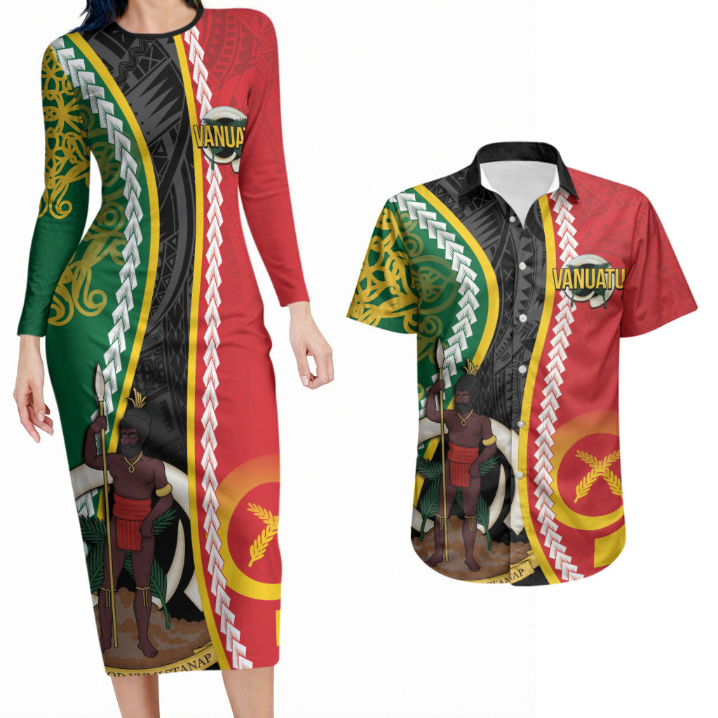 Ni-Vanuatu Indipendens Dei Celebretem Couples Matching Long Sleeve Bodycon Dress and Hawaiian Shirt Yumi Yumi Yumi LT7 Multicolor - Polynesian Pride