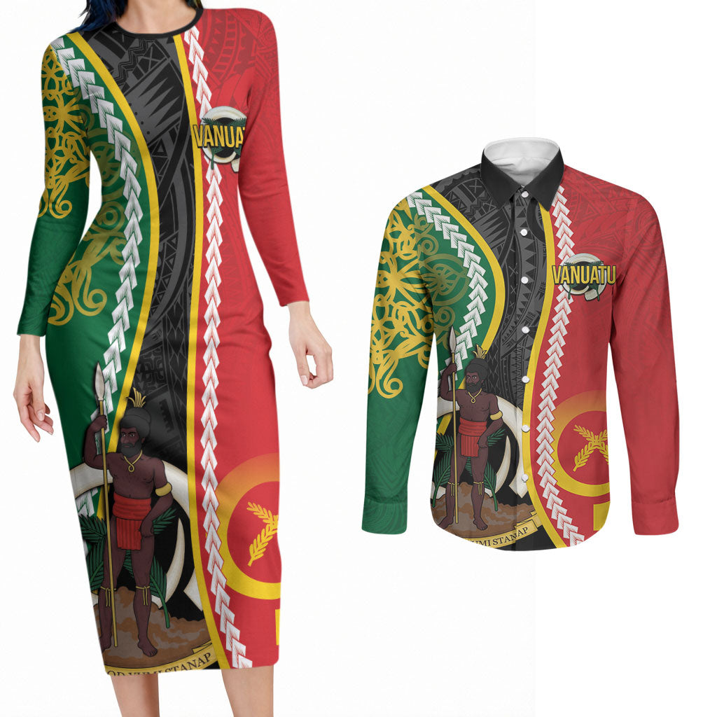 Ni-Vanuatu Indipendens Dei Celebretem Couples Matching Long Sleeve Bodycon Dress and Long Sleeve Button Shirt Yumi Yumi Yumi LT7 Multicolor - Polynesian Pride