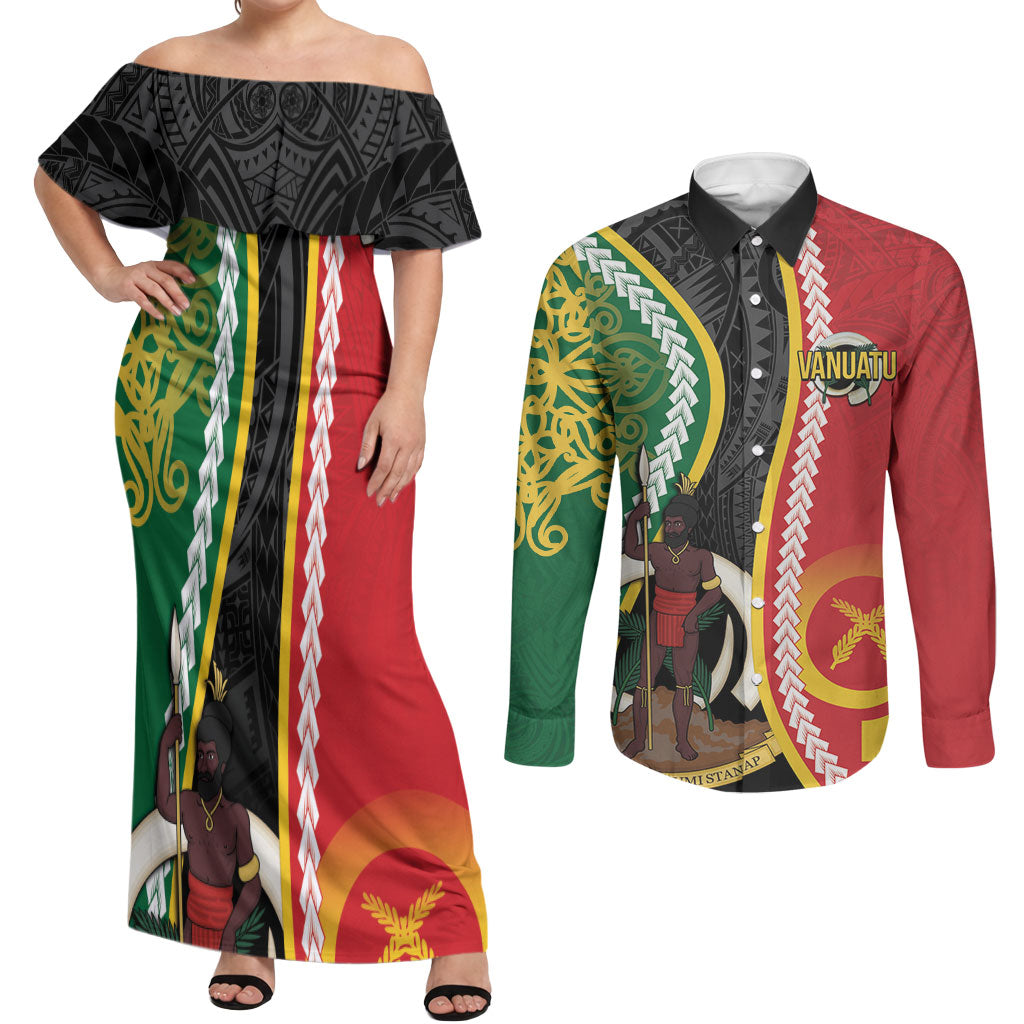 Ni-Vanuatu Indipendens Dei Celebretem Couples Matching Off Shoulder Maxi Dress and Long Sleeve Button Shirt Yumi Yumi Yumi LT7 Multicolor - Polynesian Pride