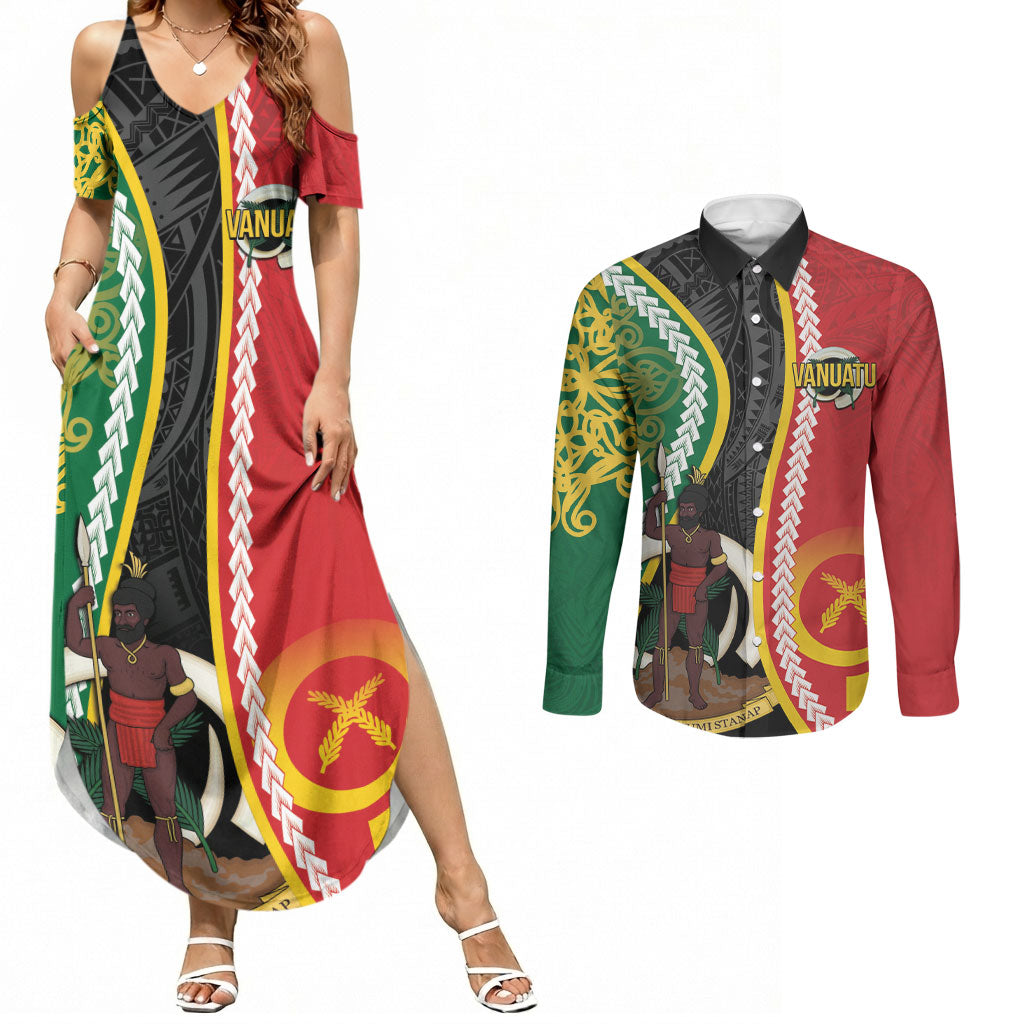 Ni-Vanuatu Indipendens Dei Celebretem Couples Matching Summer Maxi Dress and Long Sleeve Button Shirt Yumi Yumi Yumi LT7 Multicolor - Polynesian Pride