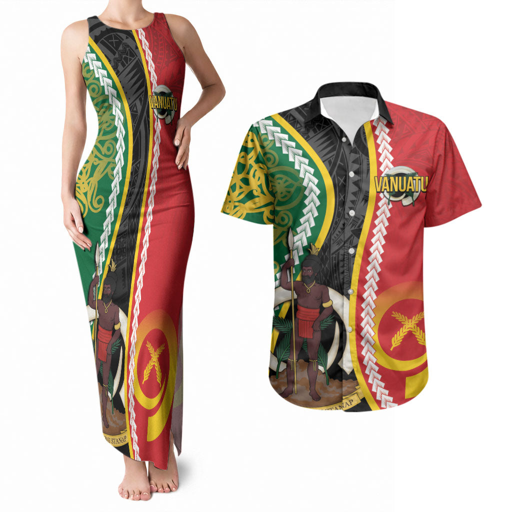 Ni-Vanuatu Indipendens Dei Celebretem Couples Matching Tank Maxi Dress and Hawaiian Shirt Yumi Yumi Yumi LT7 Multicolor - Polynesian Pride