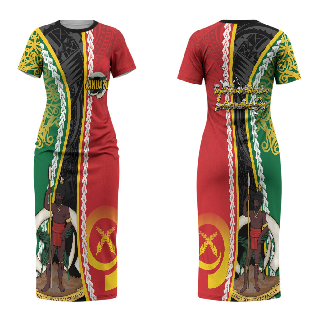 Ni-Vanuatu Indipendens Dei Celebretem Family Matching Short Sleeve Bodycon Dress and Hawaiian Shirt Yumi Yumi Yumi LT7 Mom's Dress Multicolor - Polynesian Pride