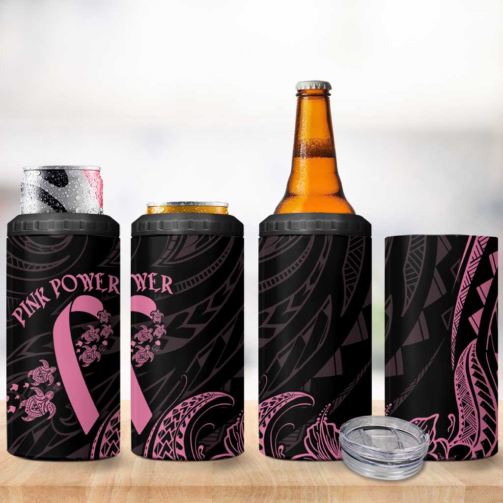 Polynesian Pink Power 4 in 1 Can Cooler Tumbler Breast Cancer Ribbon Turtle and Flowers
