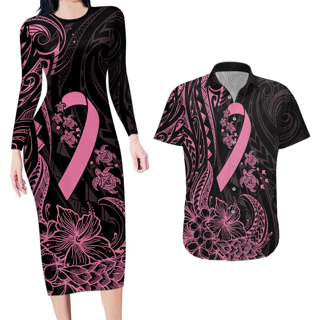 Polynesian Pink Power Couples Matching Long Sleeve Bodycon Dress and Hawaiian Shirt Breast Cancer Ribbon Turtle and Flowers