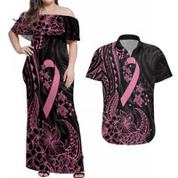 Polynesian Pink Power Couples Matching Off Shoulder Maxi Dress and Hawaiian Shirt Breast Cancer Ribbon Turtle and Flowers
