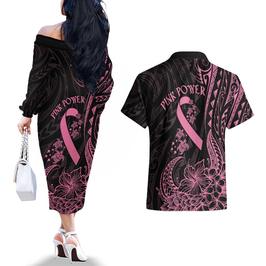 Polynesian Pink Power Couples Matching Off The Shoulder Long Sleeve Dress and Hawaiian Shirt Breast Cancer Ribbon Turtle and Flowers