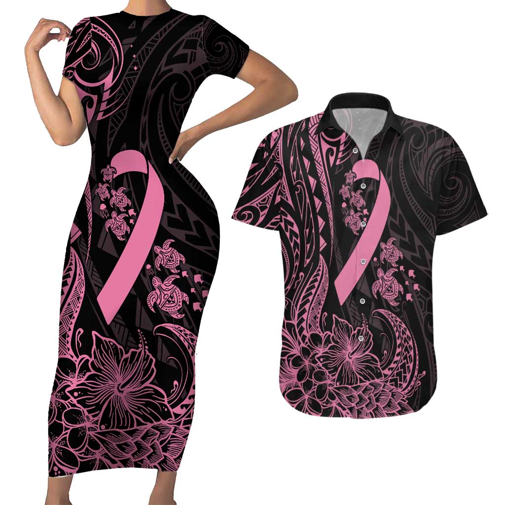 Polynesian Pink Power Couples Matching Short Sleeve Bodycon Dress and Hawaiian Shirt Breast Cancer Ribbon Turtle and Flowers LT7 Pink - Polynesian Pride
