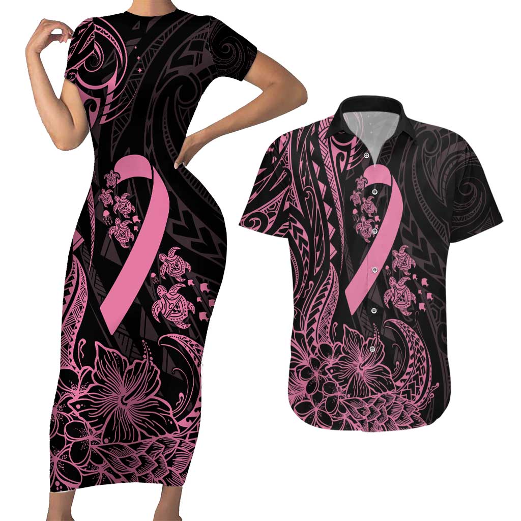 Polynesian Pink Power Couples Matching Short Sleeve Bodycon Dress and Hawaiian Shirt Breast Cancer Ribbon Turtle and Flowers