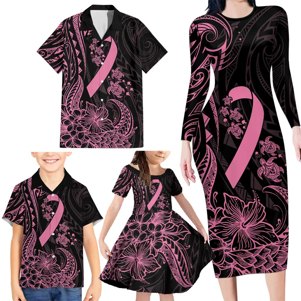 Polynesian Pink Power Family Matching Long Sleeve Bodycon Dress and Hawaiian Shirt Breast Cancer Ribbon Turtle and Flowers