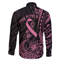 Polynesian Pink Power Family Matching Long Sleeve Bodycon Dress and Hawaiian Shirt Breast Cancer Ribbon Turtle and Flowers